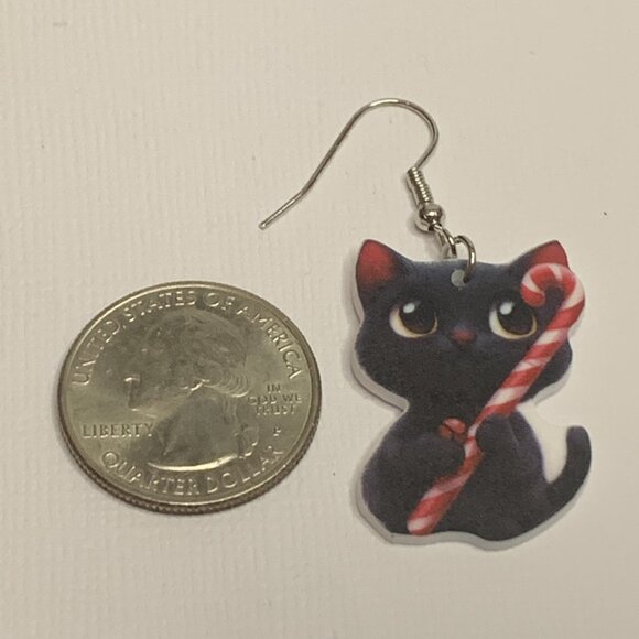 Black Cat Earring, Candy Cane Earring, Christmas Earring, Holiday Earring, Cat - Picture 3 of 4